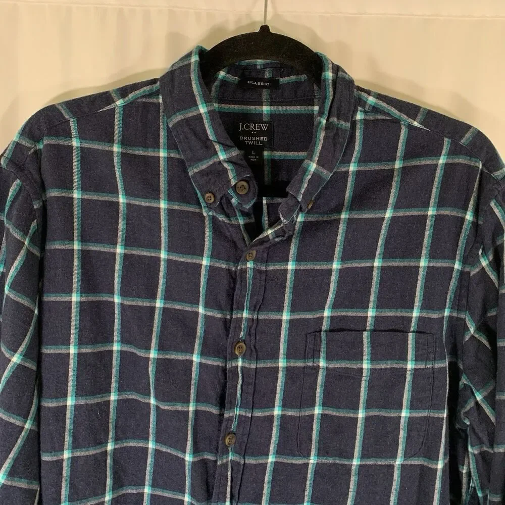 J. Crew Brushed Twill Shirt Men's Large Blue Plaid Flannel Button Up Long Sleeve